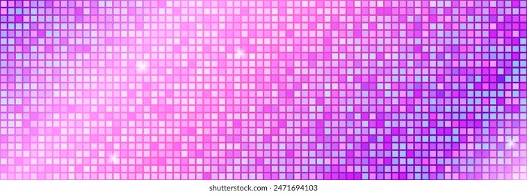 Pink purple disco party seamless pattern. Iridescent sequin mosaic texture background. Abstract shining halftone wallpaper. Pop up comic glitter sparkles backdrop. Retro vector design template