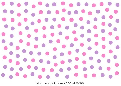 Pink and purple dots as background made of randomly placed colored little spots. Dotted area. Wallpaper or backdrop. Isolated illustration on white background. Vector.