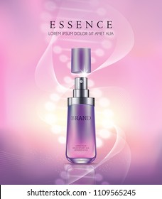 Pink and purple with essence cosmetic premium products on light background. Vector 3d illustration.