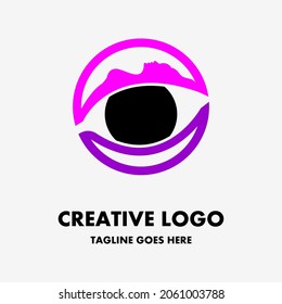 pink and purple eye icon with woman silhouette. illustration of eye in circle, eye in pupil of eye. creative and simple vector logo. abstract logo design. company or business logo template