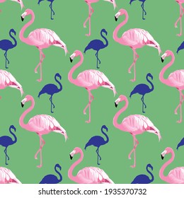 Pink and purple flamingo bird vector seamless pattern. Beautiful exotic green background for summer. Surface pattern design.