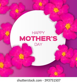 Pink Purple Floral Greeting card - Happy Mothers Day - with Bunch of Spring Fower holiday background. Beautiful bouquet with circle frame. Abstract Trendy Design Template. Vector illustration.