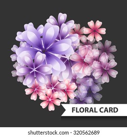 Pink and Purple flowers card. Freesia Bouquet vector illustration.