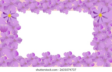 Pink and purple flowers form a beautiful floral frame border, perfect for a spring card illustration or decorative design