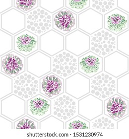 Pink and purple flowers geometrical seamless pattern print background. 