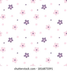 Pink and purple flowers on a white background.  Seamless pattern for fabric.
Can be used for children's clothing.