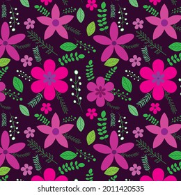 pink and purple flowers seamless pattern with leaves and petals on dark background 