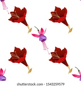 Pink and Purple Fuchsia Bella. Purple Amaryllis. Vector illustration. Seamless background pattern. Floral botanical flower. Wild leaf wildflower isolated. Exotic tropical hawaiian jungle. Fabric.