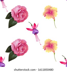 Pink and Purple Fuchsia Bella. Pink Balsam. Yellow Hibiscus. Vector illustration. Seamless background pattern. Floral botanical flower. Wild leaf wildflower isolated. Exotic tropical hawaiian.
