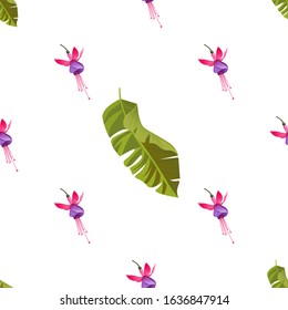 Pink and Purple Fuchsia Bella. Green Palm Leaf. Vector illustration. Seamless background pattern. Floral botanical flower. Wild leaf wildflower isolated. Exotic tropical hawaiian jungle. Fabric.