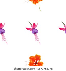 Pink and Purple Fuchsia Bella. Orange Rose Mallow. Vector illustration. Seamless background pattern. Floral botanical flower. Wild leaf wildflower isolated. Exotic tropical hawaiian jungle. Fabric.