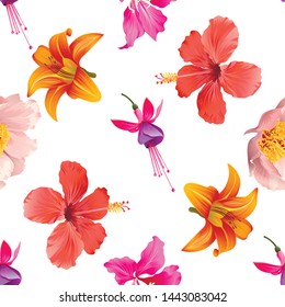 Pink and Purple Fuchsia Bella. Pink Peony. Pink Bauhinia Purpurea. Orange Daylily. Red Hibiscus. Vector illustration. 