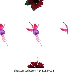 Pink and Purple Fuchsia Bella. Red Rose Mallow. Vector illustration. Seamless background pattern. Floral botanical flower. Wild leaf wildflower isolated. Exotic tropical hawaiian jungle. Fabric.