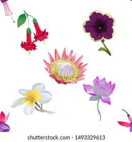 Pink and Purple Fuchsia Bella. Red Angel Trumpet. Violet Petunia. White Plumeria. Purple Lotus. Pink Protea. Vector illustration. Seamless background pattern. Floral botanical flower. Wild leaf.