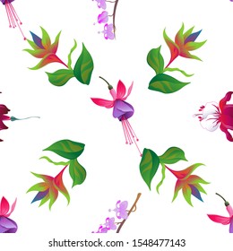Pink and Purple Fuchsia Bella. Red Fuchsia. Purple Komakusa. Green bird of paradise. Vector illustration. Seamless background pattern. Floral botanical flower. Wild leaf wildflower isolated. Exotic.