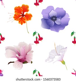 Pink and Purple Fuchsia Bella. Red Angel Trumpet. Orange Rose Mallow. Violet Anemone. Pink Magnolia. White Hibiscus. Vector illustration. Seamless background pattern. Floral botanical flower. Wild.