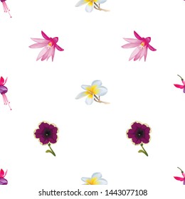 Pink and Purple Fuchsia Bella. White Plumeria. Purple Hatiora. Violet Petunia. Vector illustration. 