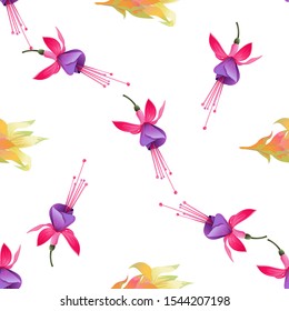 Pink and Purple Fuchsia Bella. Yellow Guzmania. Vector illustration. Seamless background pattern. Floral botanical flower. Wild leaf wildflower isolated. Exotic tropical hawaiian jungle. Fabric.
