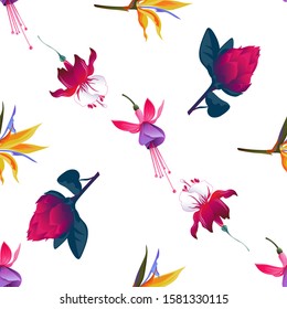Pink and Purple Fuchsia Bella. Yellow bird of paradise Strelitzia. Red Fuchsia. Red Vriesea. Vector illustration. Seamless background pattern. Floral botanical flower. Wild leaf wildflower isolated.