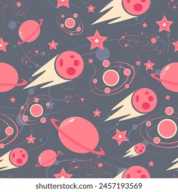 Pink and purple galaxy seamless pattern with stars, planets, comets and galaxies. Repeat background with universe assets