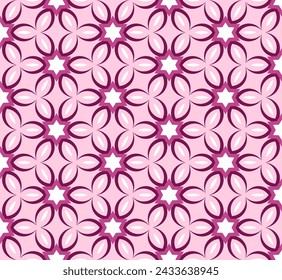 Pink and purple geometric pattern with circles and stars. Suitable for backgrounds, textile designs, party invitations, and feminine products.