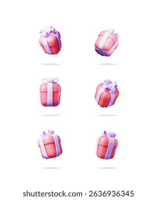 Pink and purple gift boxes in various poses. Set of birthday presents in 3d vector style for celebration design or holiday.