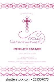 Pink and Purple Girl's First Communion/Baptism/Christening/Confirmation Invitation with Cross 