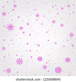 Pink and purple glitch snowfall background. Snow falling on light white background. Frosty wintry snowflakes. Ice shape pattern. Christmas holiday decoration backdrop