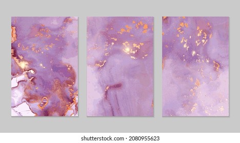 Pink, purple and gold marble abstract backgrounds in alcohol ink technique. Set of vector stone textures. Modern paint with glitter. Template for banner, poster design. Fluid art painting