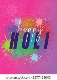 Pink and purple gradient Holi festival card with colorful powder splashes, vibrant mandala design in the background