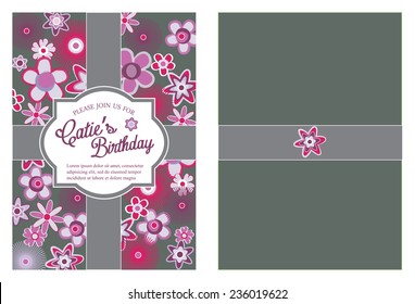 Pink, Purple, and Gray Floral Invite - Vector