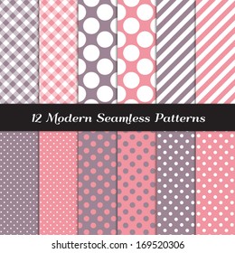 Pink and Purple Gray Jumbo Polka Dots, Gingham and Stripes Two Tone Seamless Patterns. Pattern Swatches included and made with Global Colors.