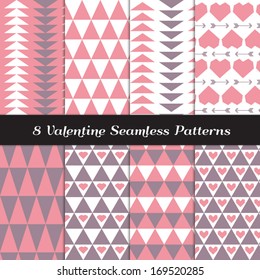 Pink and Purple Gray Tribal Geometric Seamless Patterns. Triangles, hearts and arrows. Minimal style Valentine Day background. Pattern Swatches made with Global Colors.