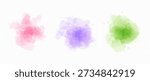 Pink, purple and green blobs set in watercolor style. Soft liquid watercolour texture splash effects. Round ink or paint brush shape elements. Pastel wet color splatters, spots, stains, drops. Vector