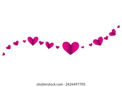 pink purple hearts levitate on invisible wavy outline on white horizontal background. group of random sized hearts as decoration