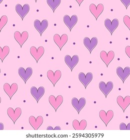 Pink and purple hearts pattern, cute, on a pink background, heart seamless pattern vector illustration,  doodle summer,  kids and baby designs for print fabric.