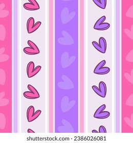 Pink and Purple Hearts Stripe Vector Seamless Pattern