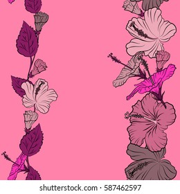 Pink and purple hibiscus flowers with copy space (place for your text) in a trendy vector style. Hawaiian tropical natural floral in pink and purple colors.