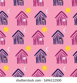 Pink and purple houses in day and night seamless vector pattern. Village themed surface print design. Fora backgrounds, fabrics, stationery and packaging.