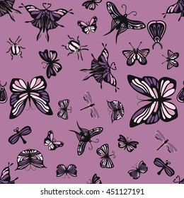 Pink and purple insects seamless pattern