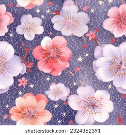 Pink and Purple Japanese Cherry Blossoms Sakura Kimono Yukata Seamless Pattern Wallpaper Background