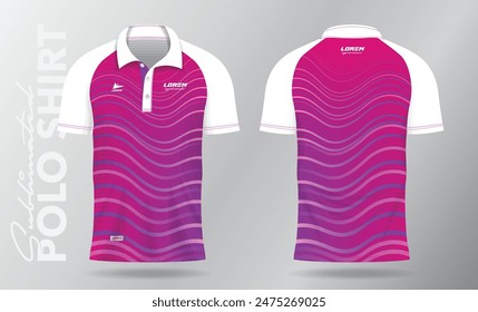 pink and purple jersey polo shirt mockup template design for badminton, tennis, soccer, football or sport uniform in front view and back view.