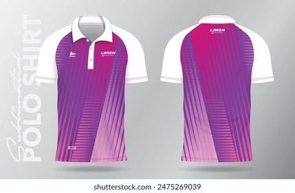 pink and purple jersey polo shirt mockup template design for badminton, tennis, soccer, football or sport uniform in front view and back view.