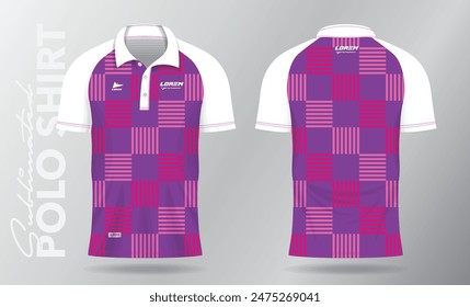 pink and purple jersey polo shirt mockup template design for badminton, tennis, soccer, football or sport uniform in front view and back view.