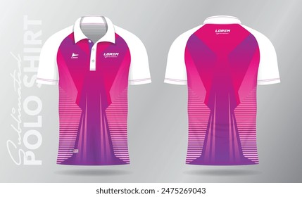 pink and purple jersey polo shirt mockup template design for badminton, tennis, soccer, football or sport uniform in front view and back view.