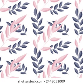 Pink and purple leaves on the branches. Seamless vector botanical pattern suitable for backgrounds and prints.