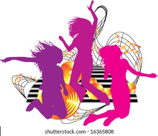 pink purple magenta silhouetted jumping girls against background of music and CD musical notes and black stripes vector illustration