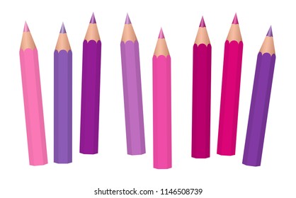 Pink, purple, magenta and violet girl power crayons - short pencils loosely arranged - isolated vector illustration on white background.