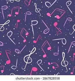 Pink and purple musical seamless pattern. Playful repetitive background with music notes and dots.