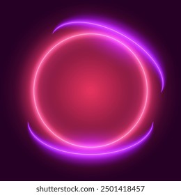 Pink and purple neon border, circle frame on dark background, vector illustration.